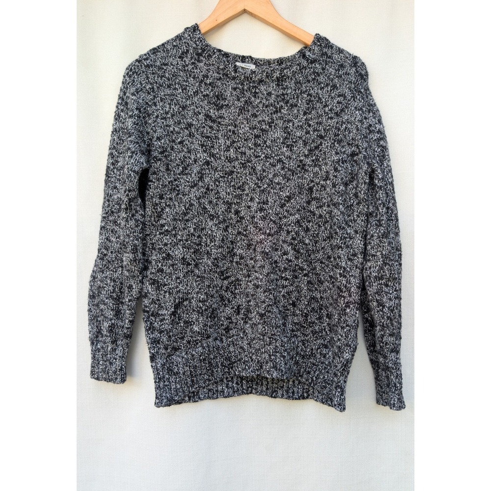 LL Bean Sweater Womens L Black White Marled Cotton Chunky Crewneck Fisherman